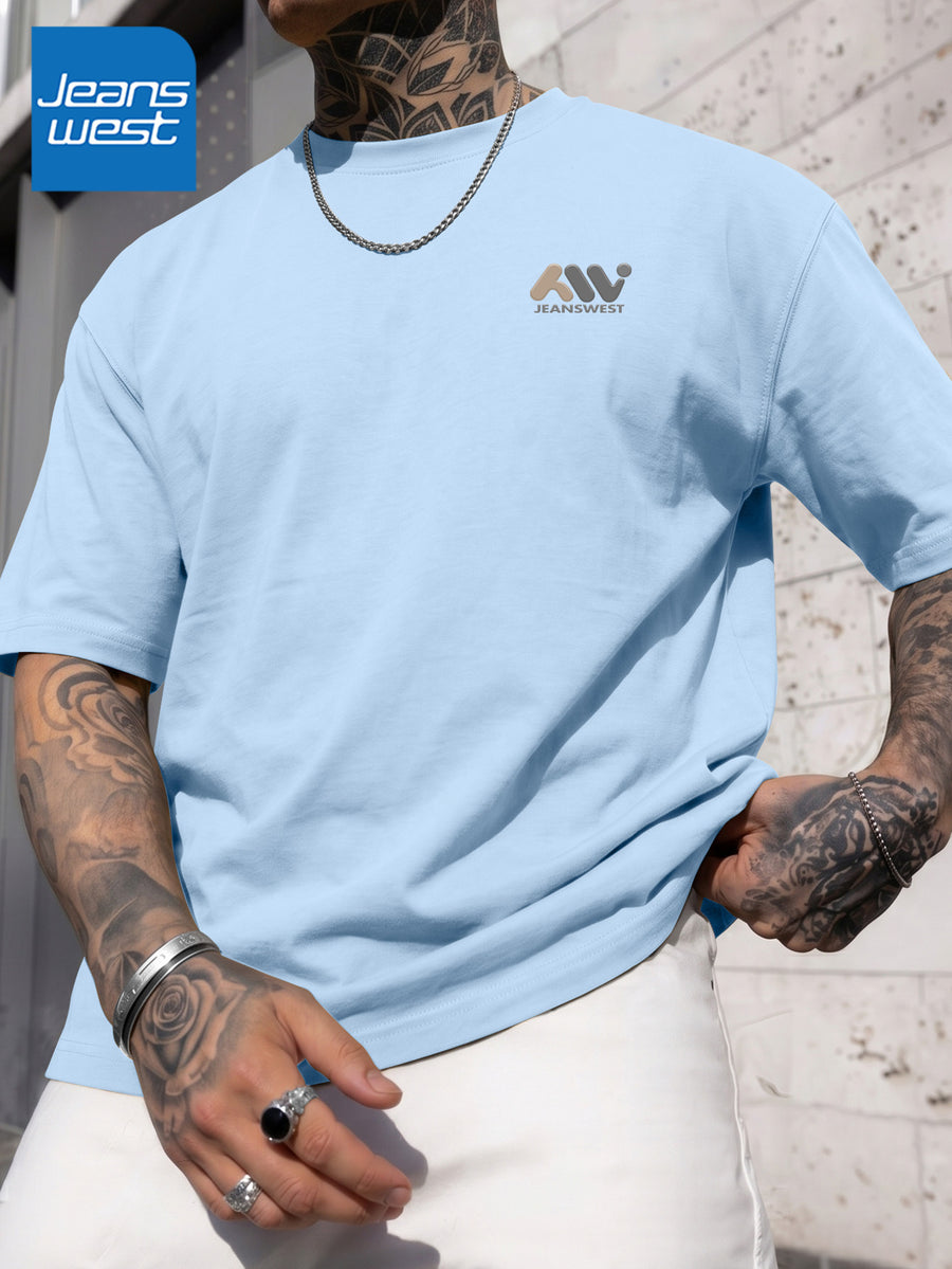 JEANSWEST Men's Summer 100% Cotton Sporty Casual Short-Sleeve T-Shirt, Loose Fit - Glacier Blue