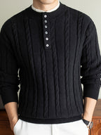 Men's 2-in-1 Look Henley Neck Cable Knit Sweater, Suitable for Commuting and Daily Wear, Ideal for Wearing Alone in Spring and Autumn, or as a Layering Piece in Winter. -SINBOS - Black