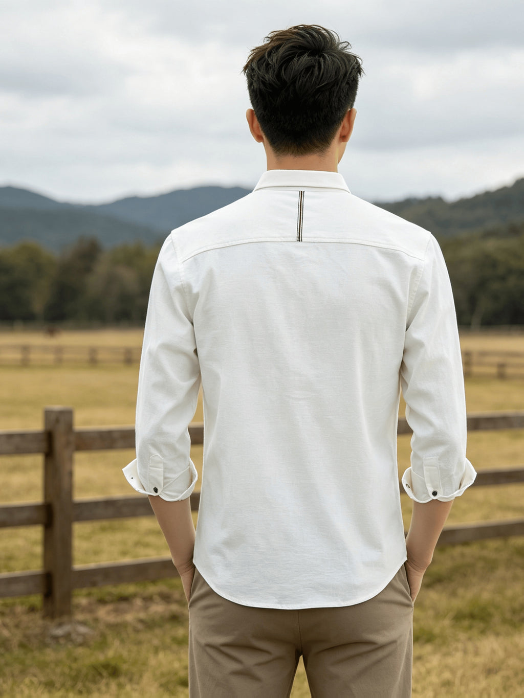 Men's Casual Long-Sleeve Shirt with Lapel and Faux Pocket Design, Slim Fit for a Slimming Look, Durable and Wrinkle-Resistant for Daily Outdoor Casual Wear, Business-Casual Solid Color Shirt - White