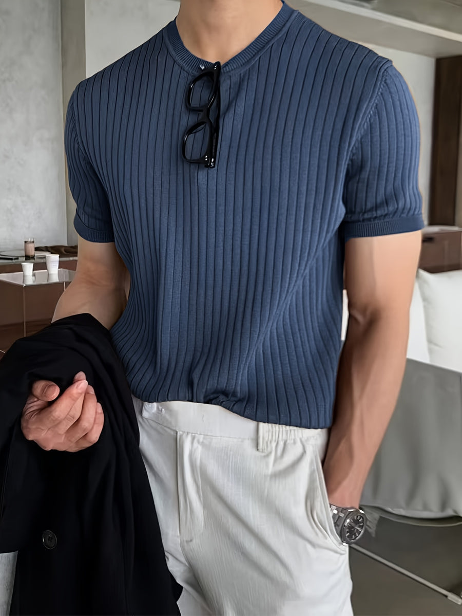 -Border New Men'S Small Pothole Striped Short-Sleeve Knit Sweater - Vibrant Blue