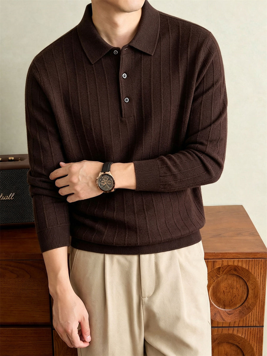 Autumn Winter Knit 3D Solid Color Lapel Sweater, Basic Knit Pullover Top for Men, Fashionable Long Sleeve Sweater HJ - Coffee