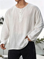 2pcs Men'S Linen Henley Shirt Set, Short Sleeve And Long Sleeve 2pcs Combination, Loose Breathable Vacation Style Casual Top - White
