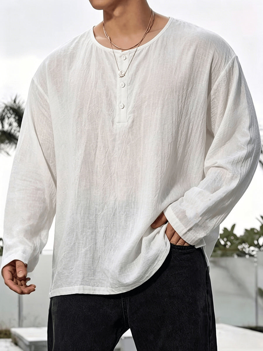2pcs Men'S Linen Henley Shirt Set, Short Sleeve And Long Sleeve 2pcs Combination, Loose Breathable Vacation Style Casual Top - White