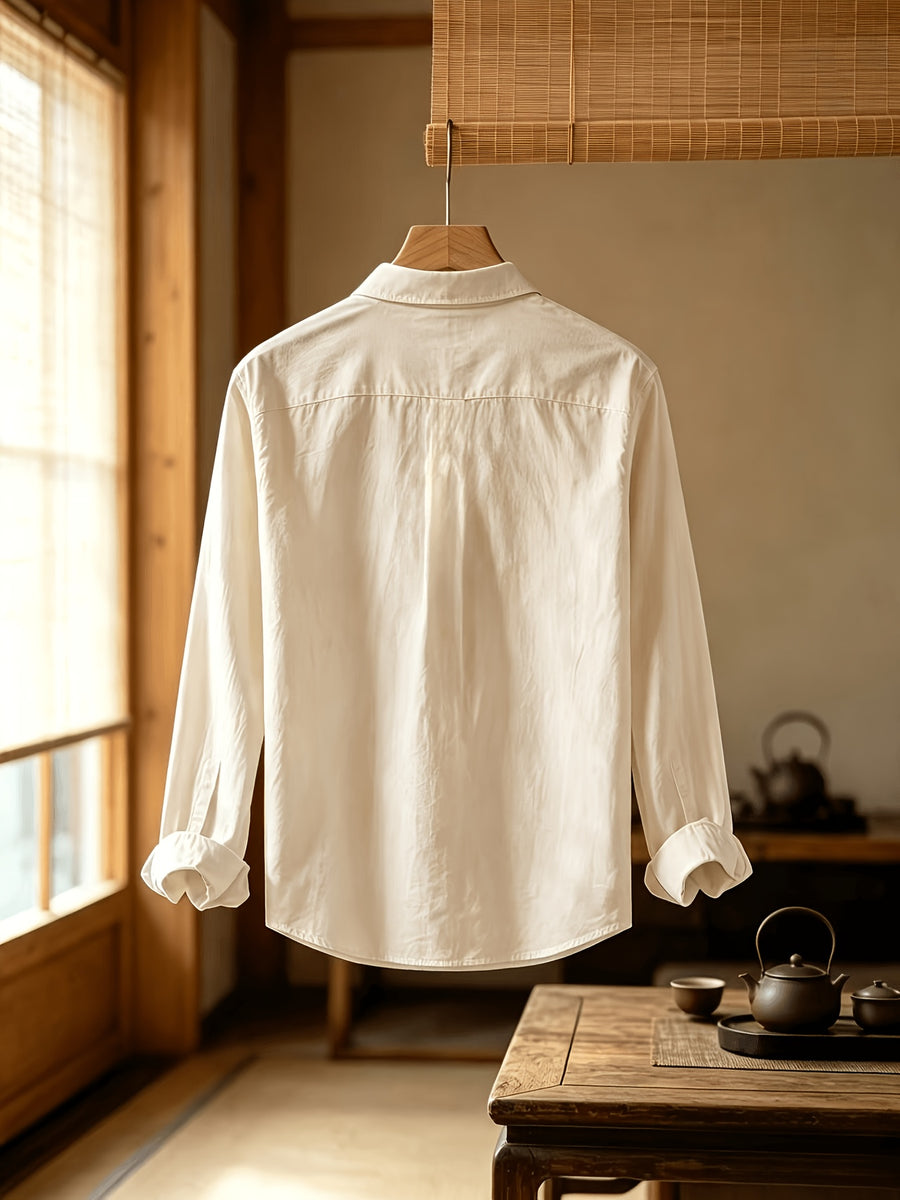 Men'S Autumn Classic Solid Color Long Sleeve Button-Up Shirt, Lapel Collar Casual Blouse, Loose Soft Breathable Daily Top - Khaki