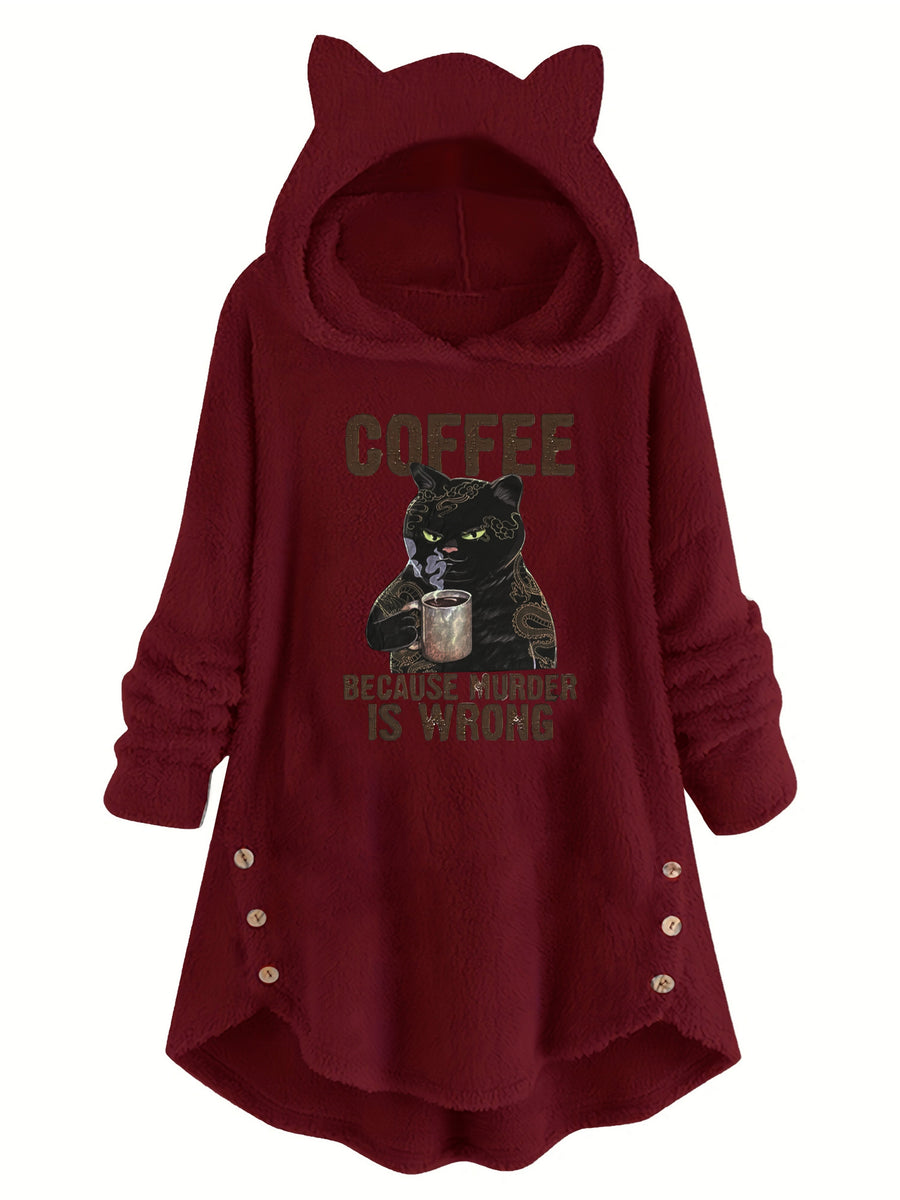 Cat & Slogan Print Teddy Hoodie, Casual Long Sleeve Button Decor Hoodie Sweatshirt, Women's Clothing - Burgundy