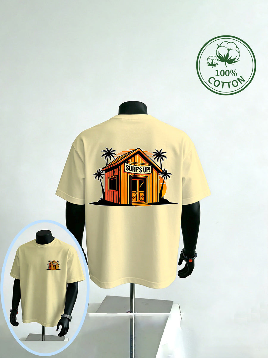 New Summer Style Beach Surf Shack Print Men's Casual Sport Fitness Pure Cotton Short-Sleeve Shirt, Moisture-Wicking and Sweat-Absorbing, Comfortable for Casual Outings and Outdoor Sports and Fitness - Apricot