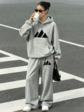 2pcs Women's Spring, Autumn, and Winter -Lined Casual Elegant Winter Set. Mountain Peak Minimalist Print Pattern Daily Fashion Outfit Set, with a Relaxed yet Premium Texture. Simple, , and Trendy -lined Hooded Sweatshirt + Loose, Thickened -lined - Gray Set