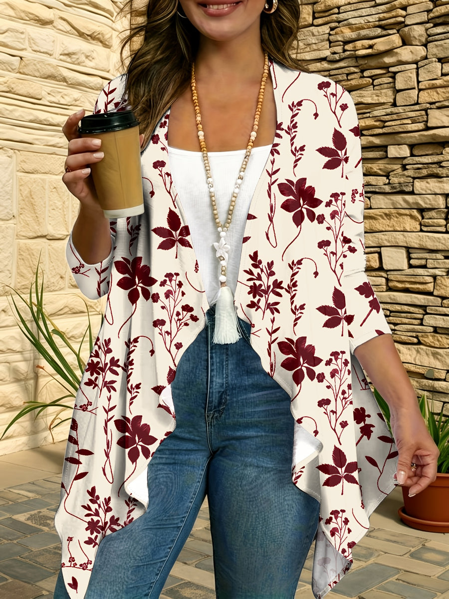 Women's Floral Elegant Print Cardigan, Lightweight, Airy, and Comfortable, Suitable for Spring, Summer, and Autumn, a Versatile Layering Piece for Daily Casual Wear, Beach Outings, and Vacations - Deep Red
