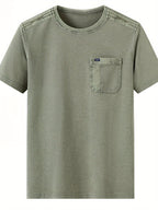 Men's Round Neck Short Sleeve with Shoulder Embroidery, Practical Chest Pocket in Waffle Breathable Fabric and Washed Distressed Finish - Light Green