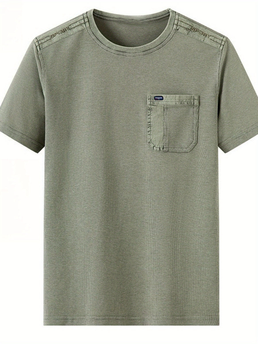 Men's Round Neck Short Sleeve with Shoulder Embroidery, Practical Chest Pocket in Waffle Breathable Fabric and Washed Distressed Finish - Light Green
