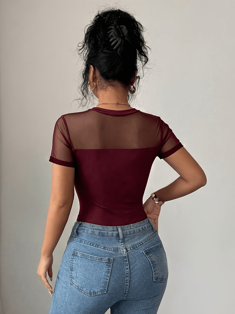 Elegant Mesh Patchwork Bodysuit, Round Neck, Short Sleeve, Fitted - Burgundy
