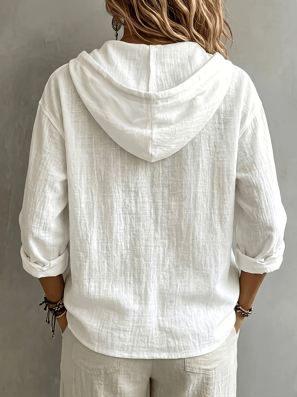 Women's Casual Solid Color Single-Breasted Hooded Long-Sleeve Shirt - White