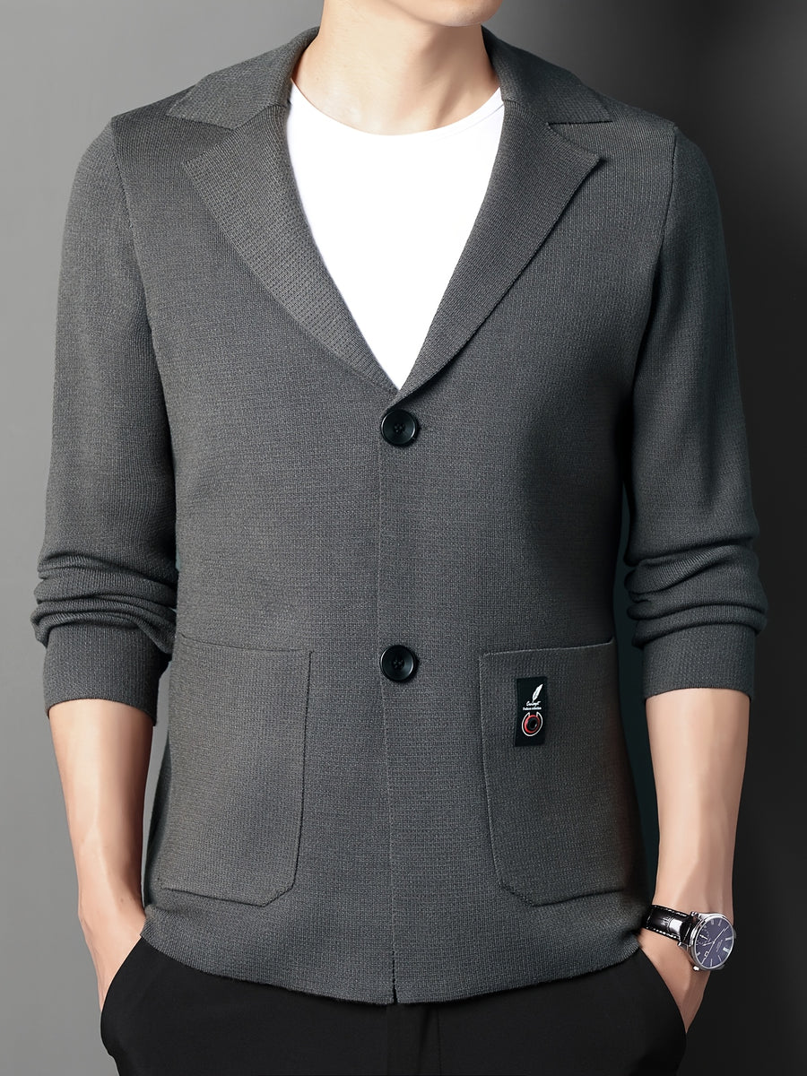 Du Jing Lan OBM New Spring/Summer Men's Knit Cardigan, Old Money Style Solid Color Suit Lapel Long Sleeve Open Front Knit Cardigan, Men's Business Casual Fashion Single-Breasted Ribbed Sweater Jacket with Side Pockets, Suitable for Layering - Dark Gray