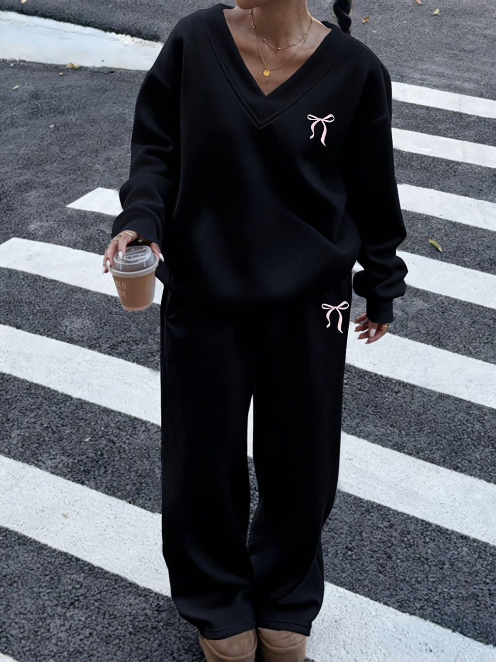 2pcs Women Bow Decor V-Neck Oversized Loose Sweatshirt And Sweatpants Set, Casual - Black+black