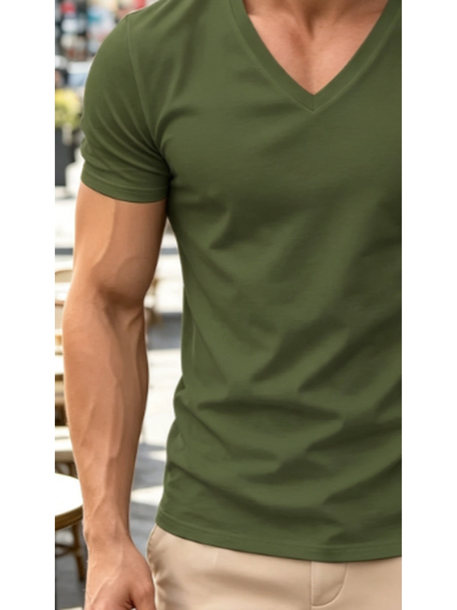 Printed Design - Non-Textured/2D Printing Men's Simple V-Neck Short-Sleeve T-Shirt, Daily Casual Fitness Solid Color Basic Top, Suitable for Casual Outdoor Daily Wear - Mixed colors