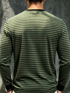 New Men's Striped Henley Neck Long Sleeve T-Shirt, Contrast Color Placket Button Casual Slim Fit Base Layer Top for Spring and Autumn - Green