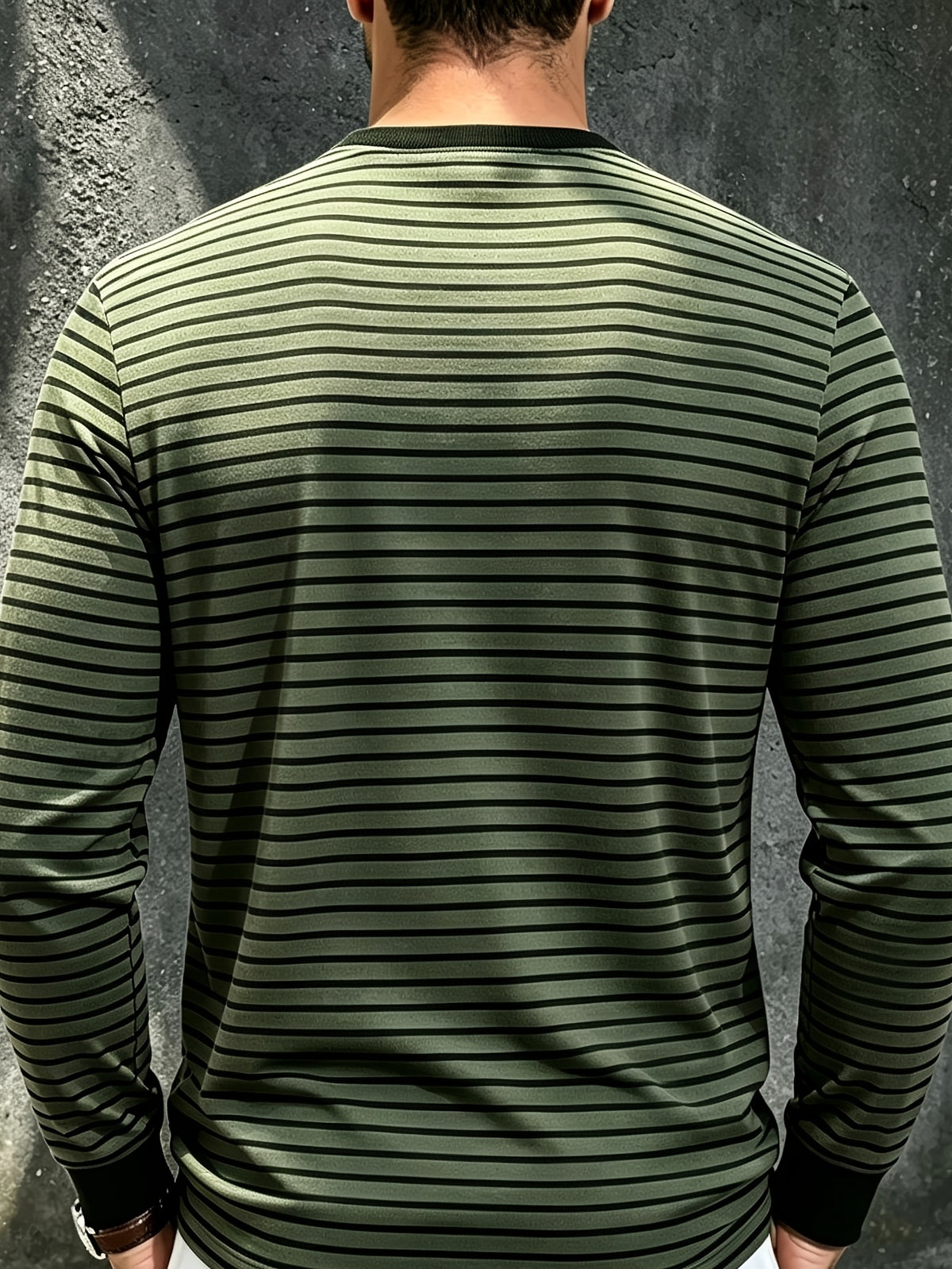New Men's Striped Henley Neck Long Sleeve T-Shirt, Contrast Color Placket Button Casual Slim Fit Base Layer Top for Spring and Autumn - Green