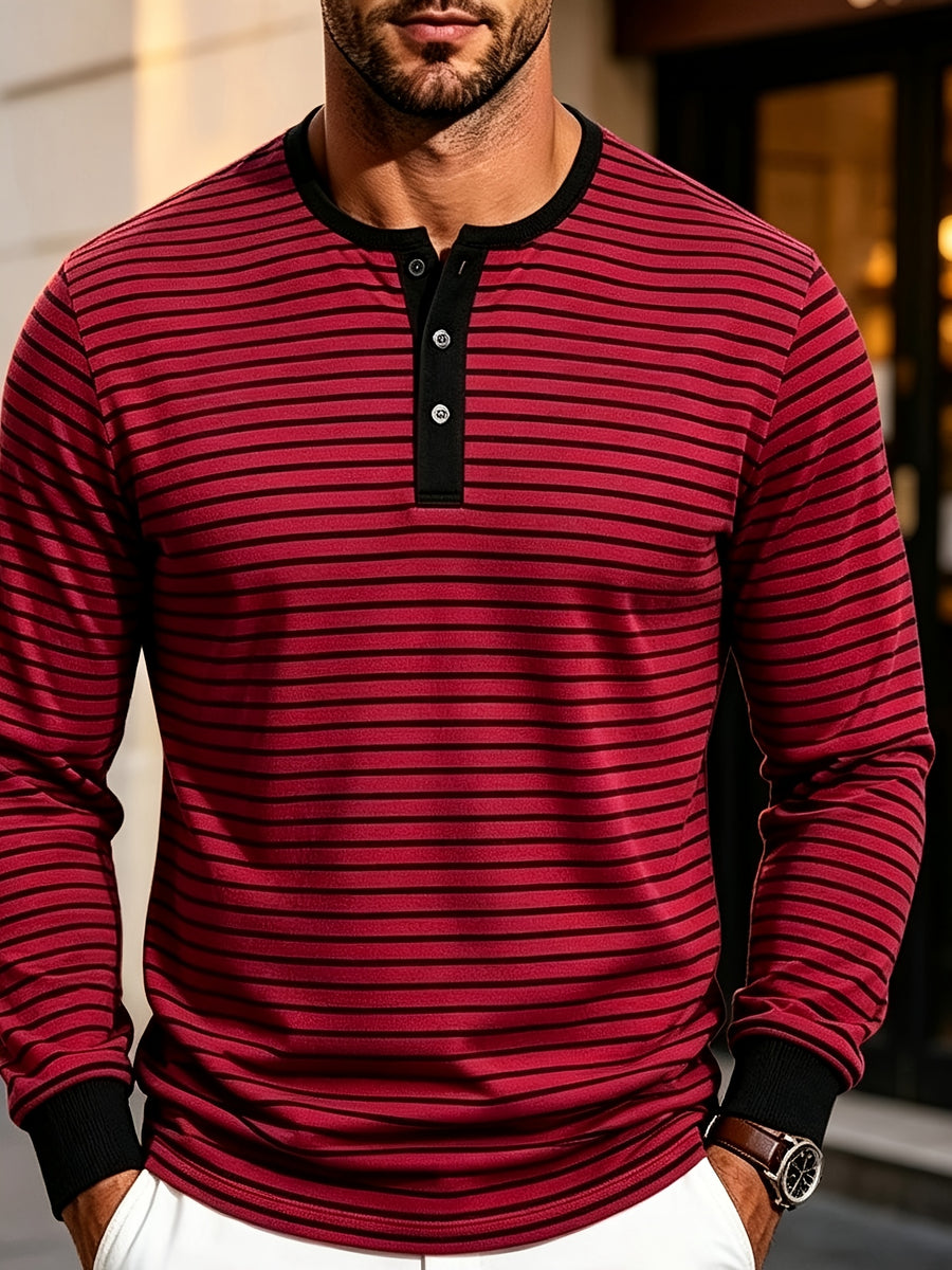 New Men's Striped Henley Neck Long Sleeve T-Shirt, Contrast Color Placket Button Casual Slim Fit Base Layer Top for Spring and Autumn - Red