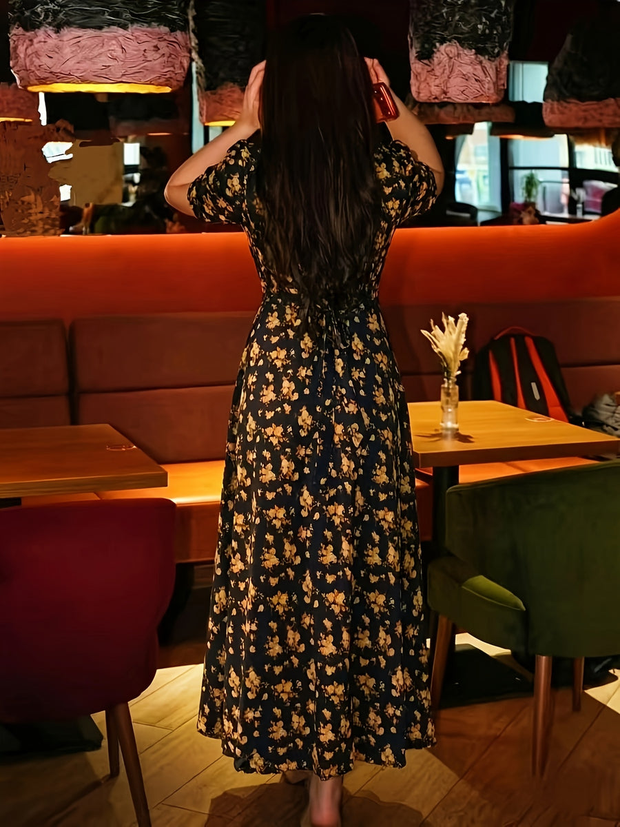 Women's French Vintage Lapel Collar Dress with Waist Cinch - Short Sleeve -Neck -Line Midi Dress, Blouse-Suitable for Daily Commuting, Short Bell Sleeves & Contrast Collar, Spring Summer Office to Casual Wear (Machine Washable) - Golden