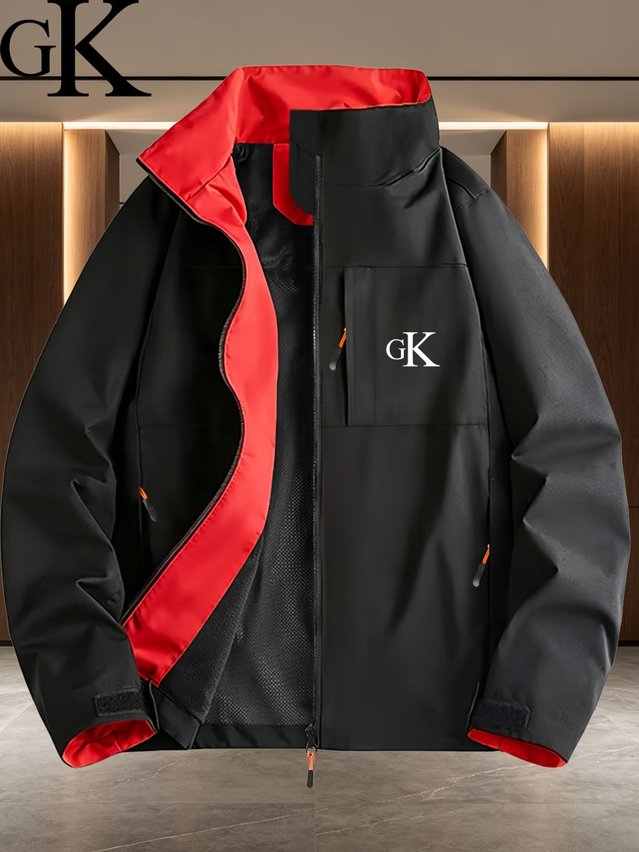 GK Letter Print Navy Blue Lining White Full-Zip Stand Collar Windproof Jacket Men Women Spring Autumn Multi-Pocket Business Casual Outdoor Shell Jacket Winter Clothes for Men - Black