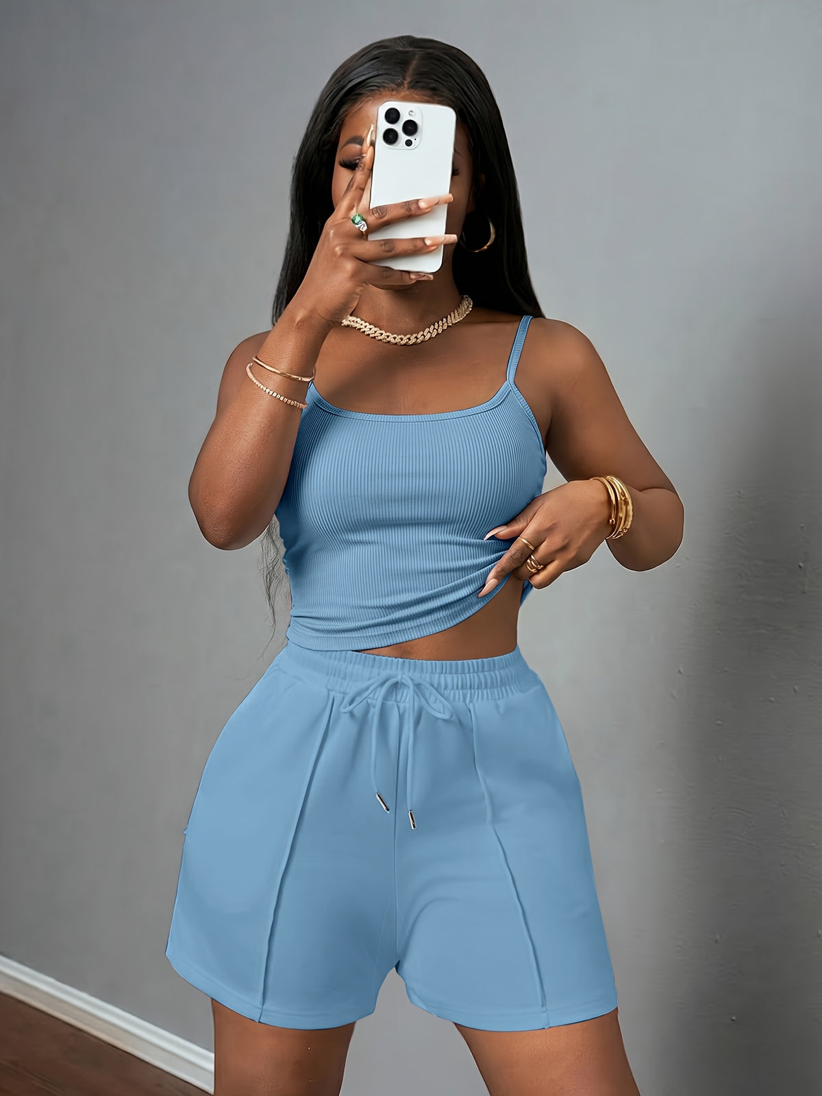 Women'S New Casual Camisole Knit Elastic Vest And Striped Textured Shorts 2pcs Set - Sky Blue