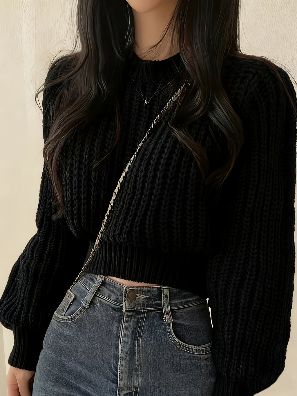 Sweater Women'S Round Neck Design Cable Texture Loose Long Sleeve Textured Three-Dimensional Interpretation Easy Cool Wear Atmosphere All-Match Top Pullover - Black