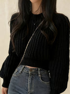 Sweater Women'S Round Neck Design Cable Texture Loose Long Sleeve Textured Three-Dimensional Interpretation Easy Cool Wear Atmosphere All-Match Top Pullover - Black