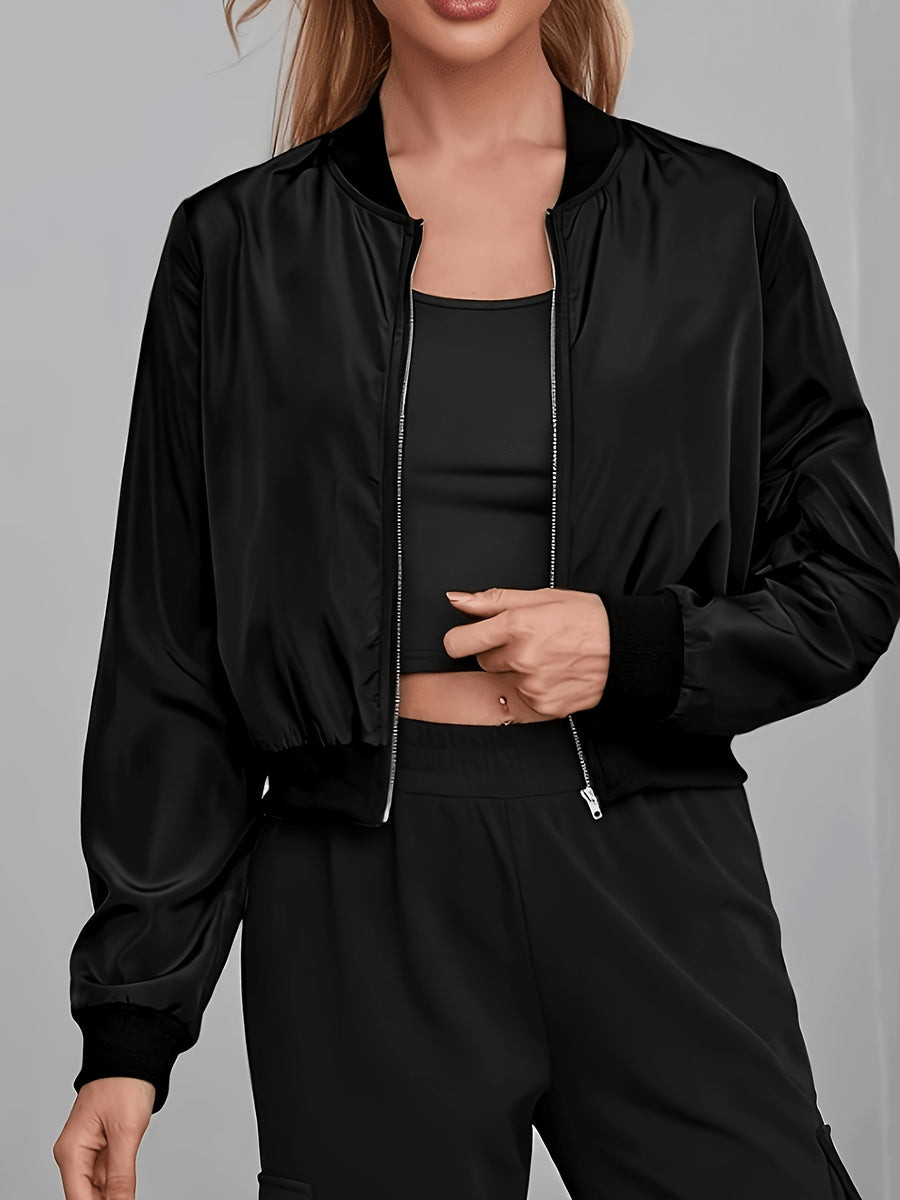 Elegant Women's Bomber Jacket - Casual Polyester, Machine Washable, Solid Color with Baseball Collar for Spring/Fall - Black