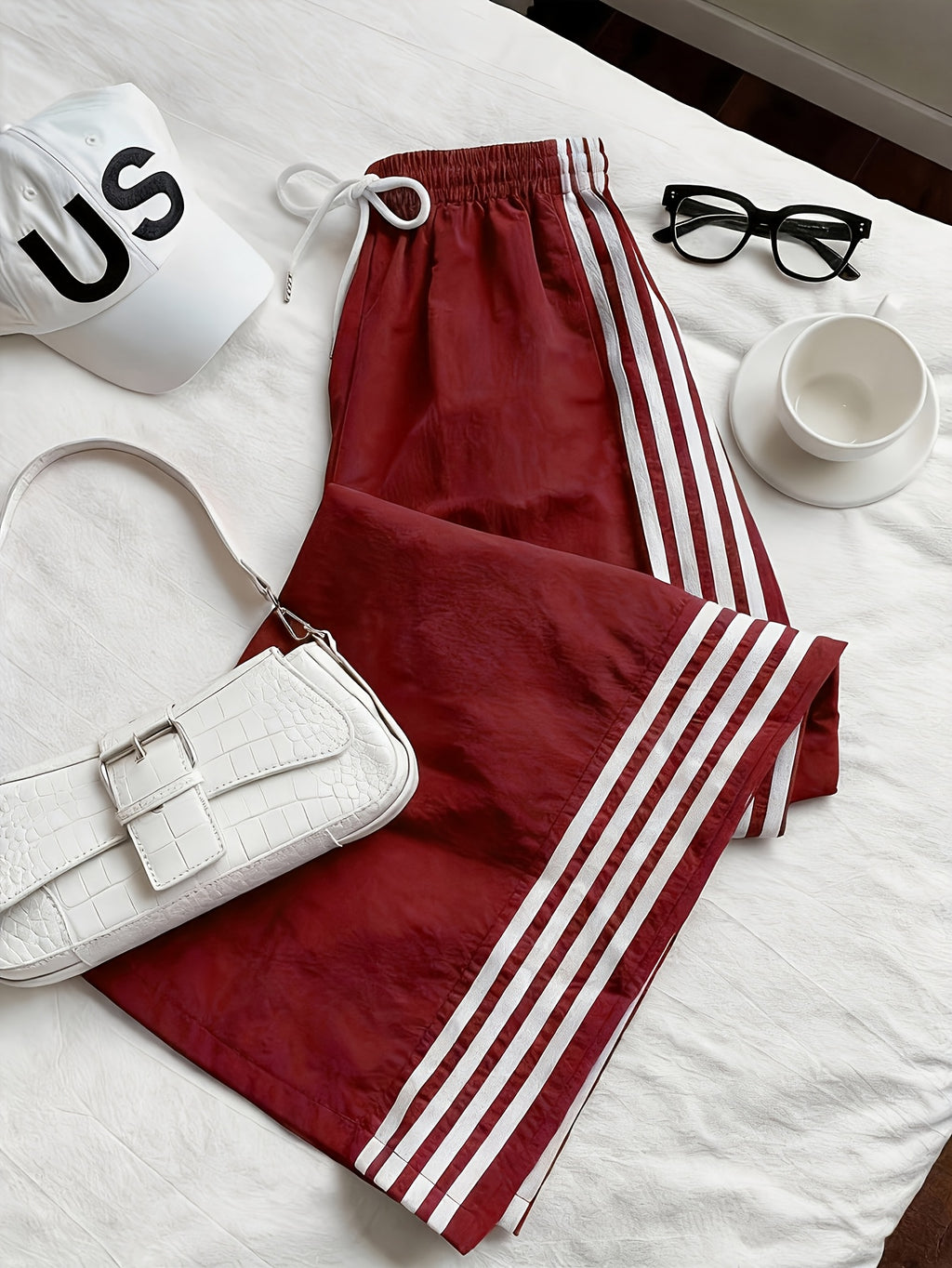 Reading Week Apparel, Back-to- Season, One Pair of 2026 Spring/Summer New Style Casual Sporty Fashionable Comfortable and Beautiful Women's Long Pants with Contrast Color and Drawstring Waist, Suitable as a Holiday Gift for Women's Clothing - Burgundy