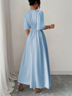 Women's Solid Color Elegant Dress, New Summer V-Neck A-Line Flowing Dress for Casual to Formal Wear, Machine Washable - Light Blue