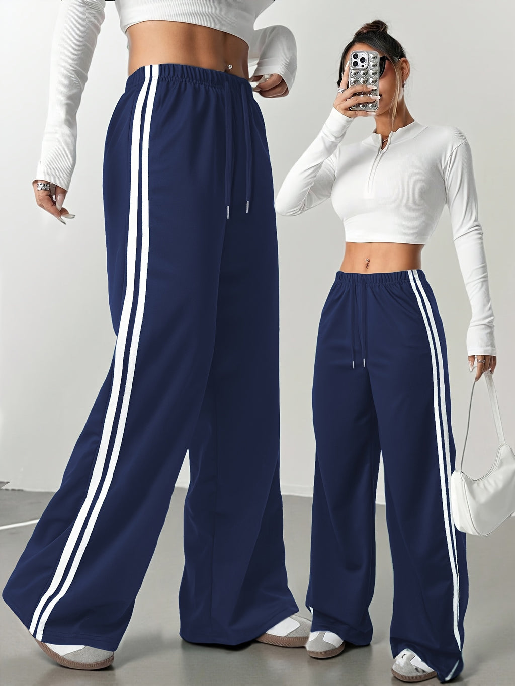 Solid Color Straight-Leg Athletic Pants with Drawstring Waist - Stretchable Casual Outdoor Workout Trousers Suitable for Gym,, Casual Attire - Year-Round Machine-Washable Sportswear - Navy Color