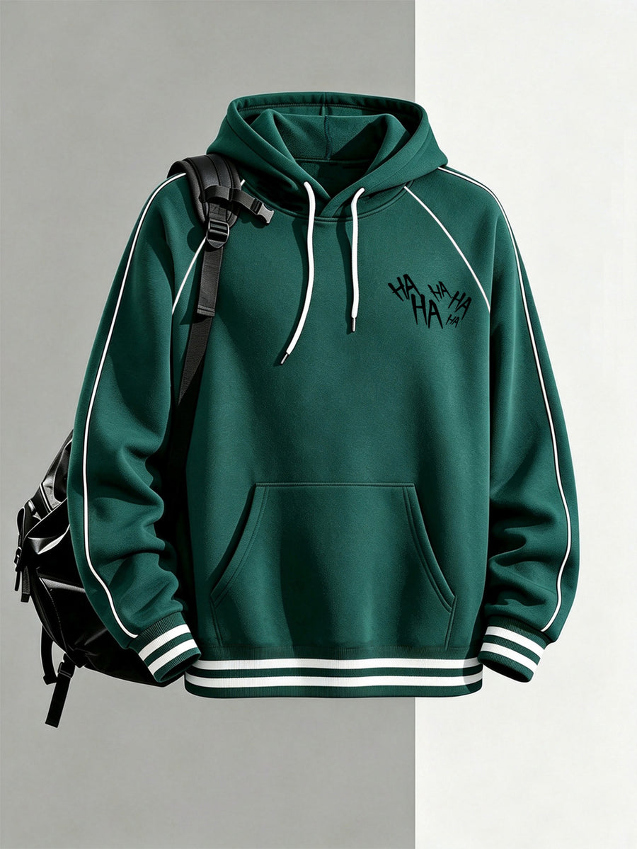 Joker Clown Print Front And Back Design, Men'S Fashion Hoodie with Drop Shoulder, Double White Stripes on Cuffs, Drawstring Kangaroo Pocket, Loose Retro Sports Sweatshirt, Outdoor Casual Wear, Unisex - Green
