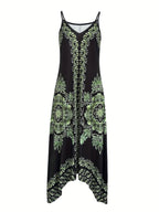 Spring/Summer Women's Ethnic Print Vintage Casual Versatile Fashion Spaghetti Suspender Dress Elegant French-Style Daily Wear - Black