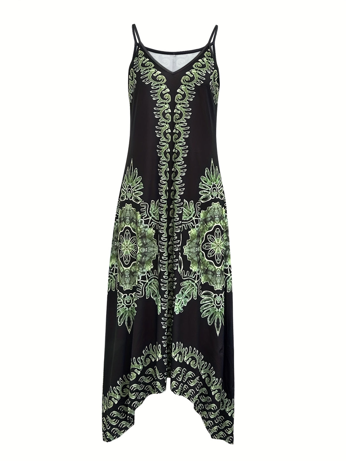 Spring/Summer Women's Ethnic Print Vintage Casual Versatile Fashion Spaghetti Suspender Dress Elegant French-Style Daily Wear - Black