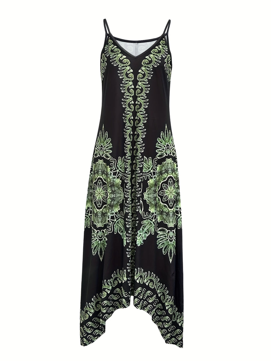 Spring/Summer Women's Ethnic Print Vintage Casual Versatile Fashion Spaghetti Suspender Dress Elegant French-Style Daily Wear - Black