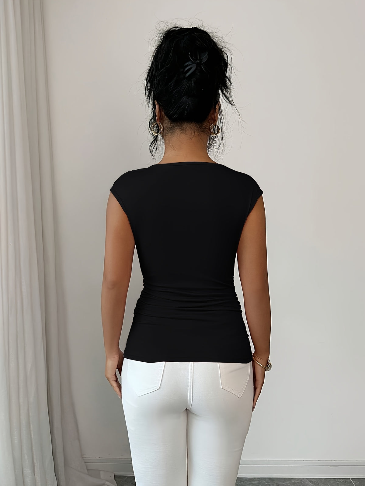 Spring/Summer Fashionable and Elegant Ruffle Pleat Collar Daily Casual T-Shirt - Black