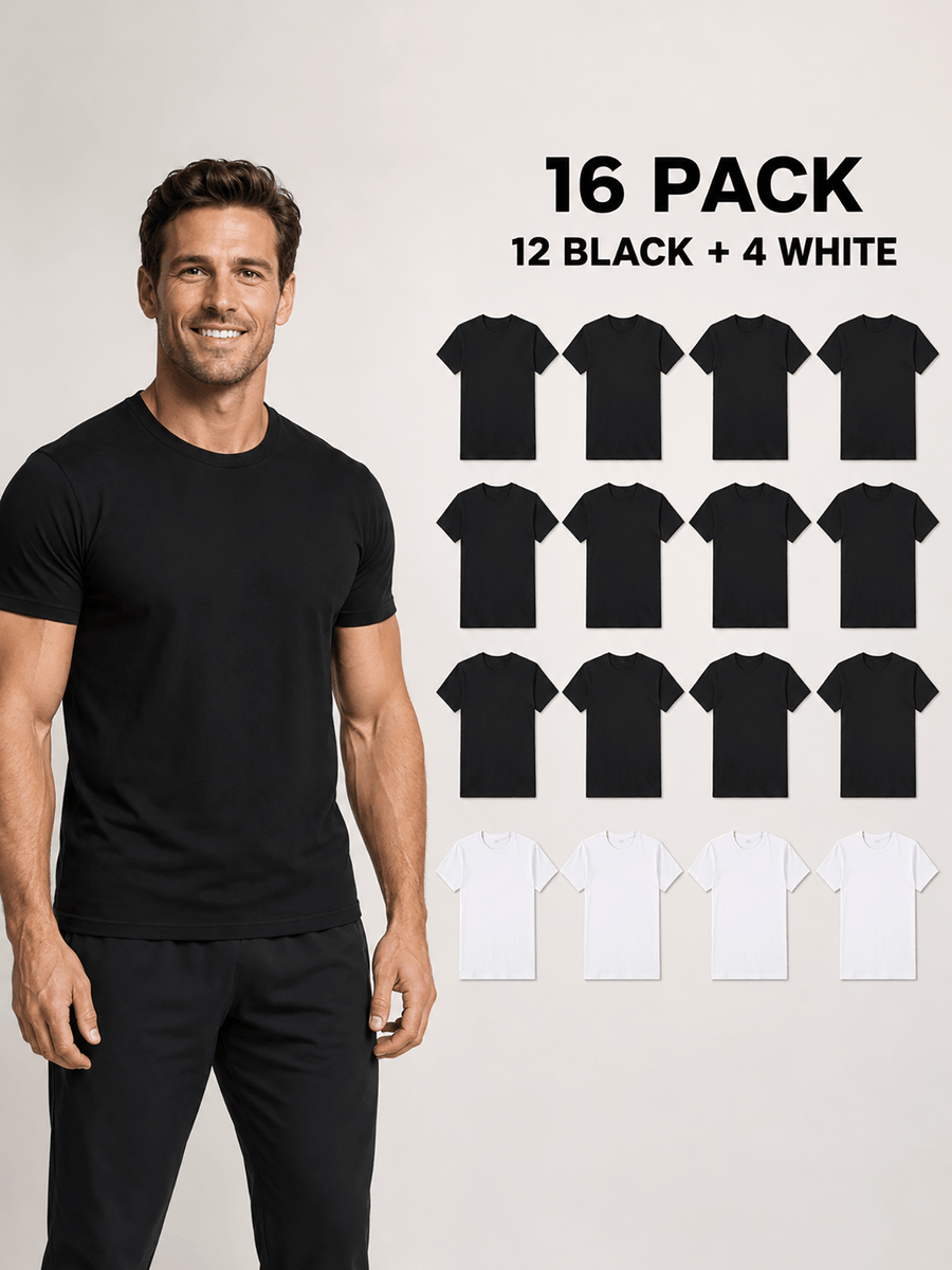 16pcs Men'S 100% Round-Neck Solid Color Short-Sleeve T-Shirts, Black And White, Soft And Breathable Basic Undershirts, Suitable for Daily Casual Wear, Sports, And Outdoor Wear - 12 Black, 4 White, 16-Piece Pack