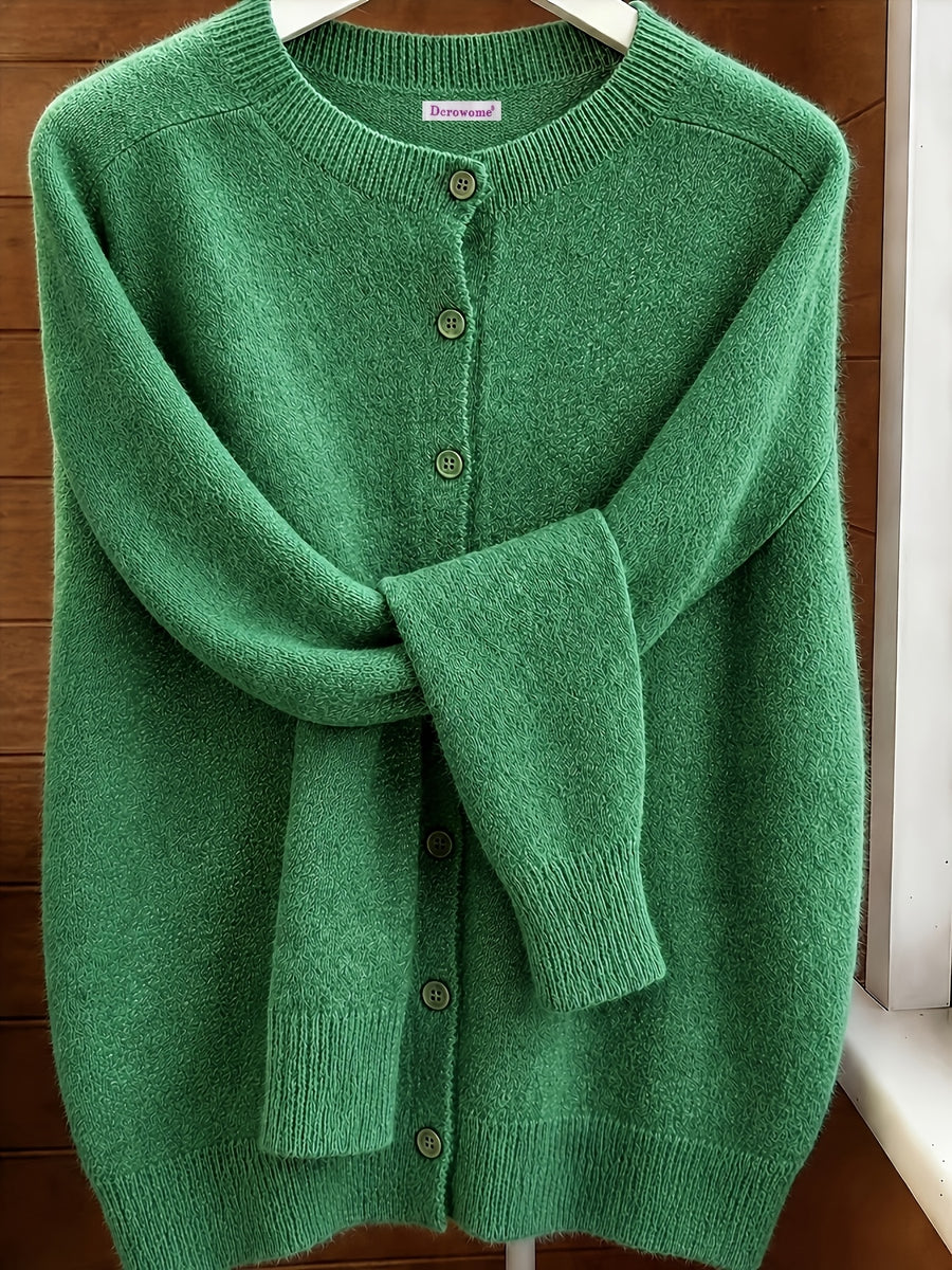 Spring Autumn Solid Color Round Neck Button Sweater Open Cardigan, Loose Casual Fashion Versatile Jacket, Soft Comfortable Elegant Women'S Top - Green