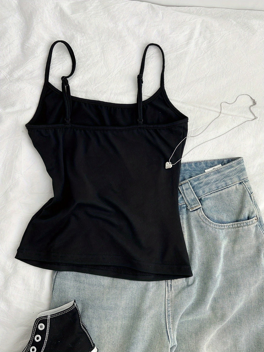 American-style Round Neck Angel Spaghetti Strap Top, ANGEL Pattern, Y2K Vintage Spicy Adjustable Thin Strap Crop Camisole, Women's New Summer Sleeveless Top, Suitable for Casual Streetwear, Daily Wear, or Parties - Black
