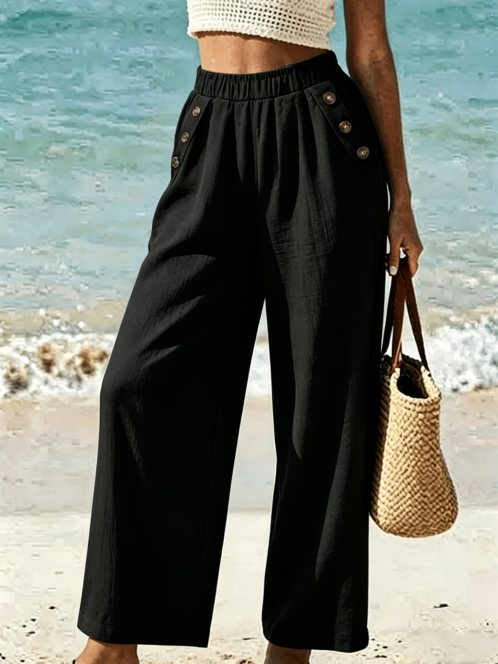 New Beautiful Women'S Elegant Solid Color Long Pants, with Elastic Waist And Pockets, Suitable for Commuting, Vacation, Street Fashion, Casual Afternoon Tea, And Daily Wear, Fashionable And Elegant Style - Black