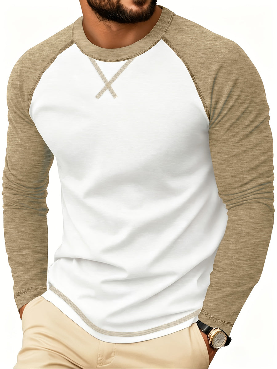 Cross-Border Men'S Long Sleeve Round Neck T-Shirt, Export European And American Men'S Clothing Color-Block Top Base Layer - White