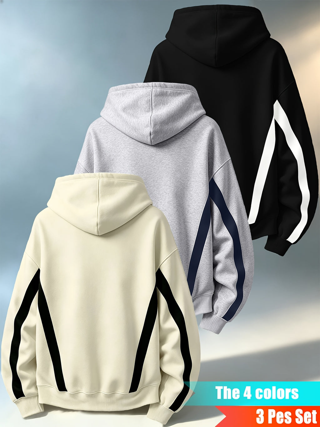 Men'S Three-Piece Casual Hooded Sweater Set, Featuring Contrast-Colored Spliced Sleeves with Drawstrings, Loose-Fitting Pullover Shirt, Long-Sleeved Sports Top for Daily Wear - Black+grey+apricot
