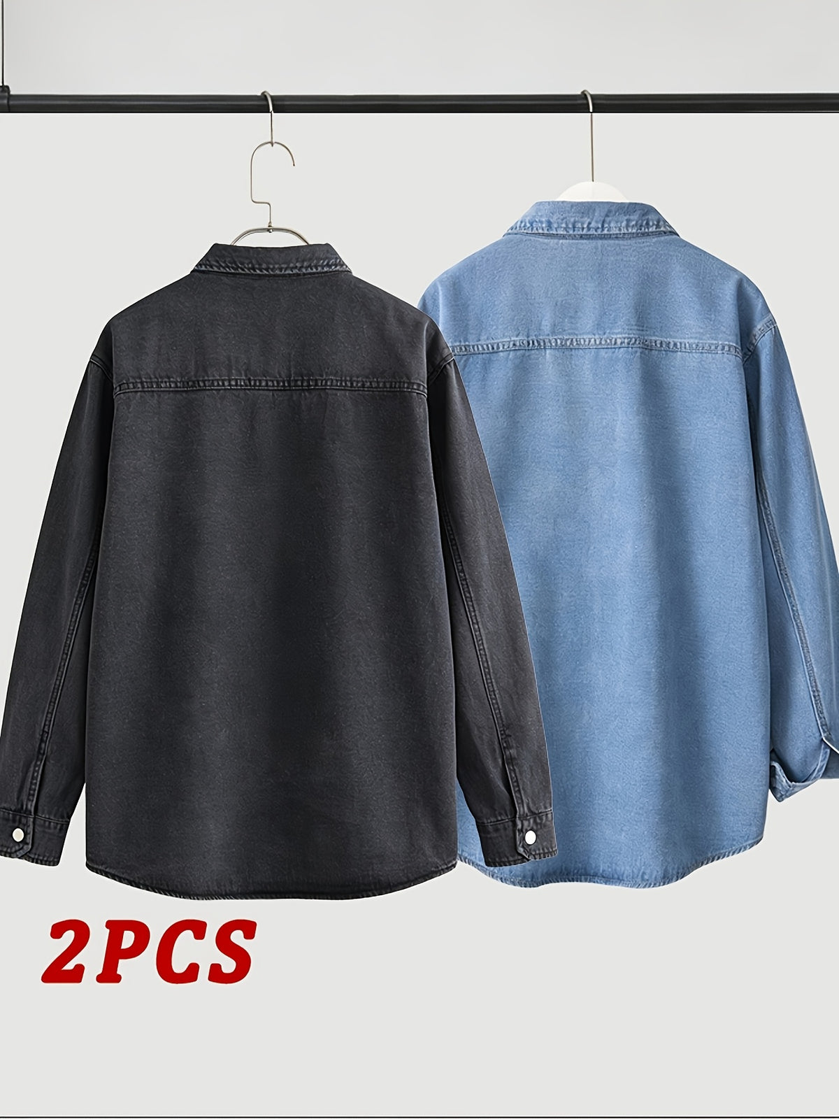 Spring/Autumn Men's Loose-Fit Streetwear Style Cool and Handsome Long-Sleeve Denim Shirt with American-Style Jacket Outer, 2pcs Set - Light Blue + Black Gray