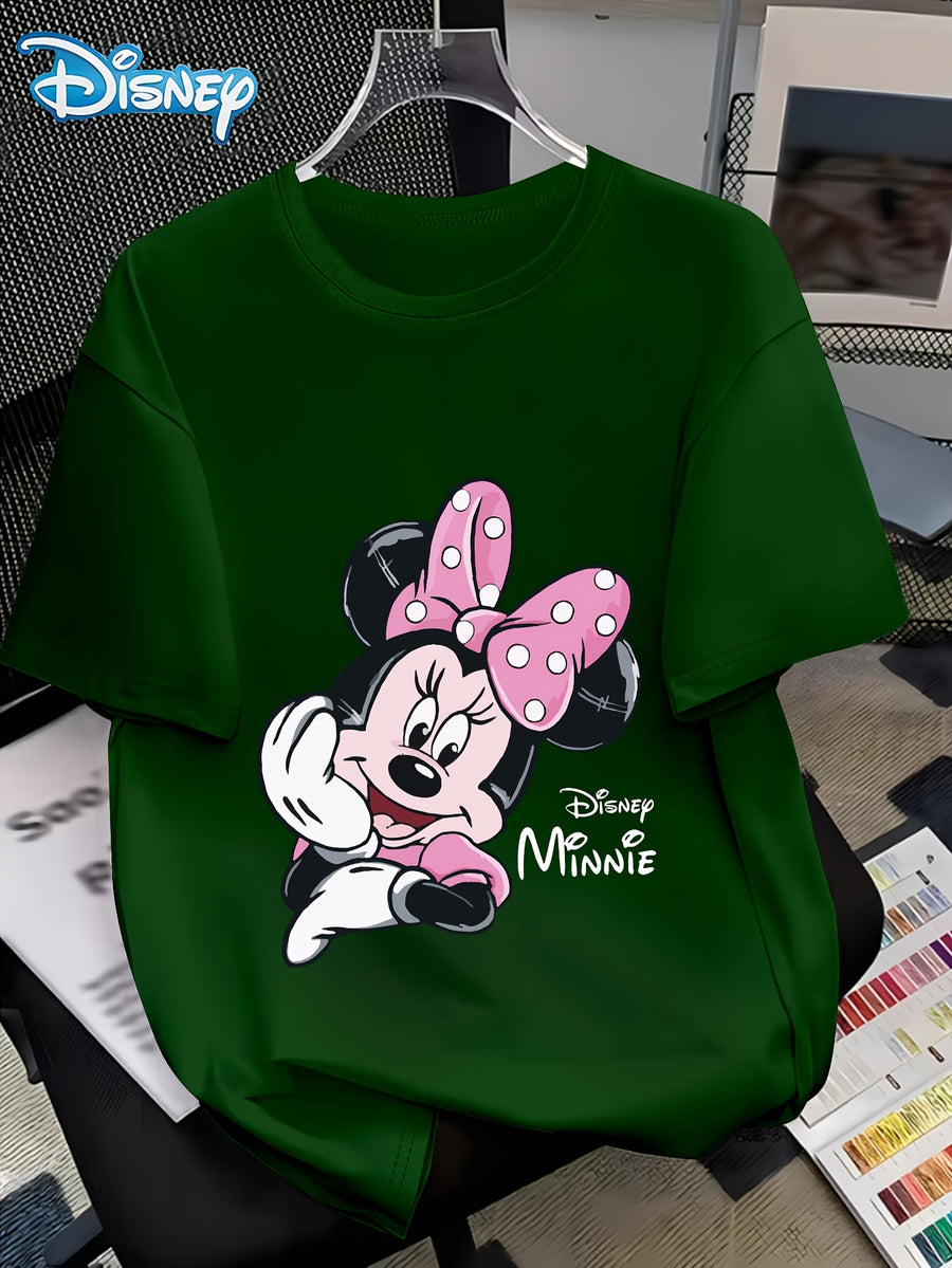 Disney Minnie with a Smile on Her Cheek Printed Fashion Women'S Round Neck Casual T-Shirt, Comfortable Fabric Short Sleeved, Round Neck Women'S T-Shirt, Worn in Spring And Summer - Green