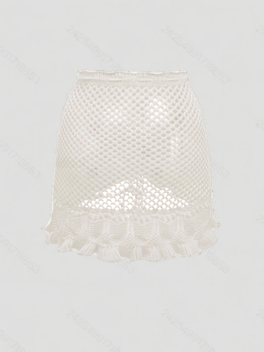 Targeted Style - Women's Elegant Casual Mini Skirt - Summer Beach Hollow Dress, Solid Color Minimalist, Soft and Comfortable Fabric - White