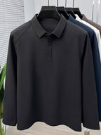 Men'S Raglan Sleeve Long Sleeve Polo Shirt, Relaxed Fit Cut, Unrestricted Movement, Loose Non-Tight Fit, Easy Business Style, No Extra Logos - SINBOS - Black