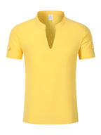 Men's Solid Color V-Neck Short Sleeve T-Shirt, Summer Casual Breathable Solid Color Top, Simple Fashionable Trendy Men's Clothing - Yellow