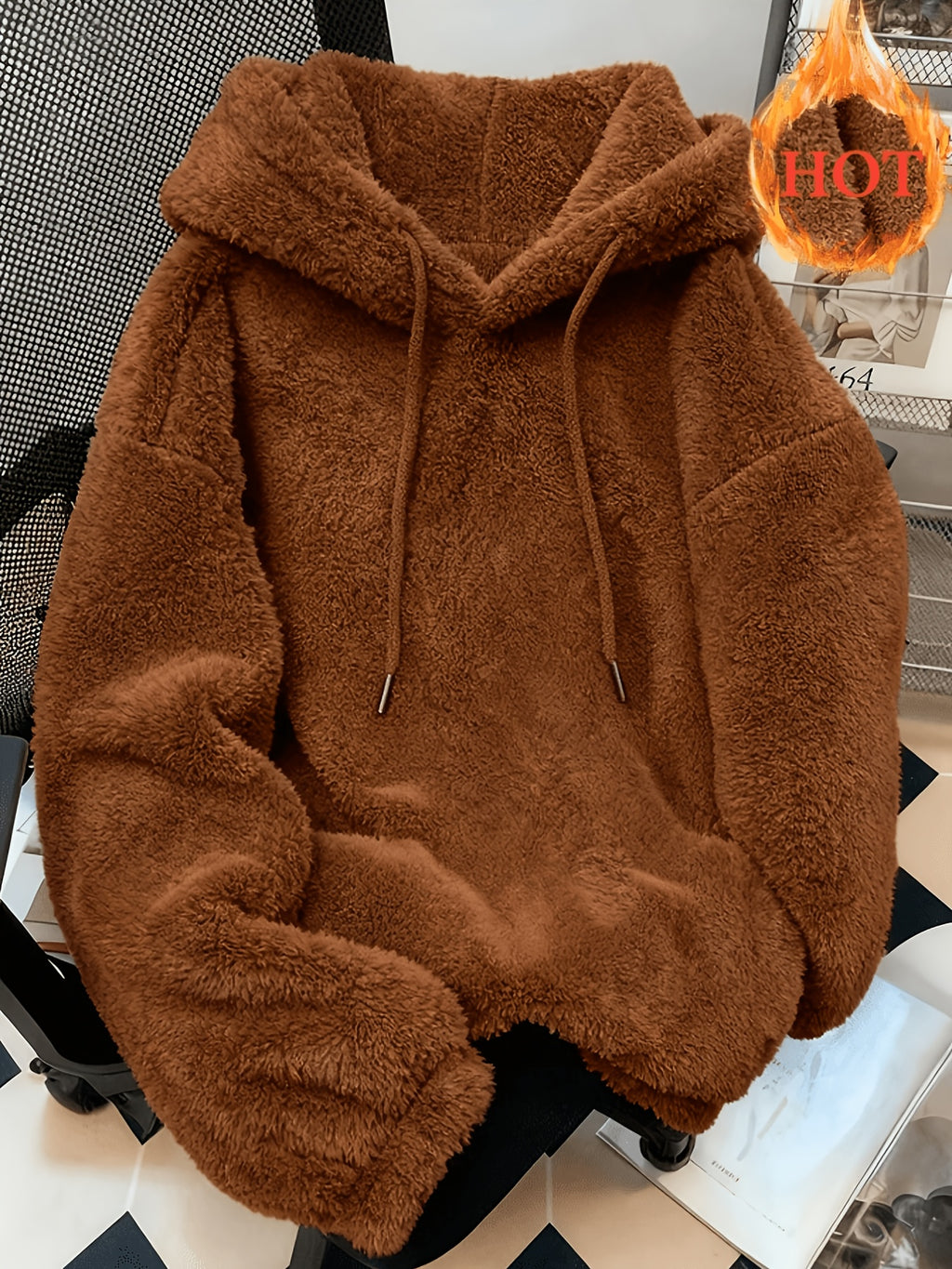 Item No.: WY260615083 Women's Autumn/Winter Loose Fit Hooded Sweatshirt, Soft and Warm Faux Hoodie, Suitable for Daily Work, Commuting, Dating, and Home Wear - Dark Brown