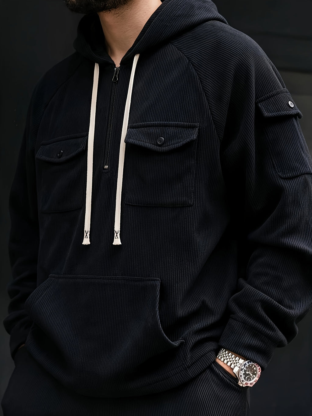 Christmas ! 1pc Men'S Corduroy Hooded Sweatshirt, Multi-Pocket Design, Retro Casual Style, Loose Fit, Ideal for Autumn/Winter Daily Outdoor Activities - Black