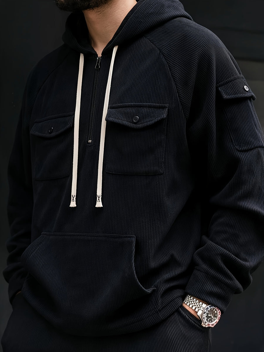 Christmas ! 1pc Men'S Corduroy Hooded Sweatshirt, Multi-Pocket Design, Retro Casual Style, Loose Fit, Ideal for Autumn/Winter Daily Outdoor Activities - Black